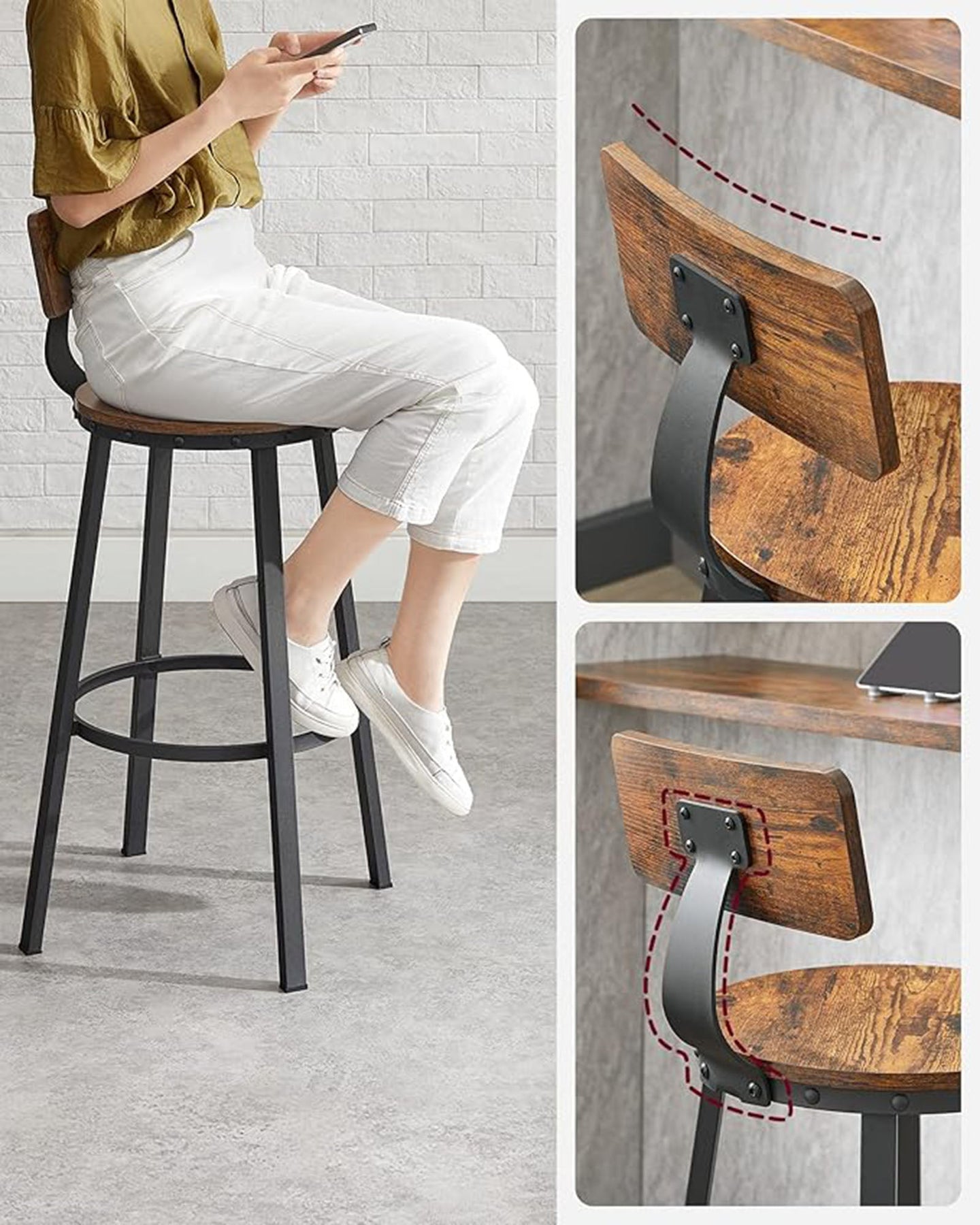 Bar Stools Set of 4 - Steel - Rustic Brown and Black