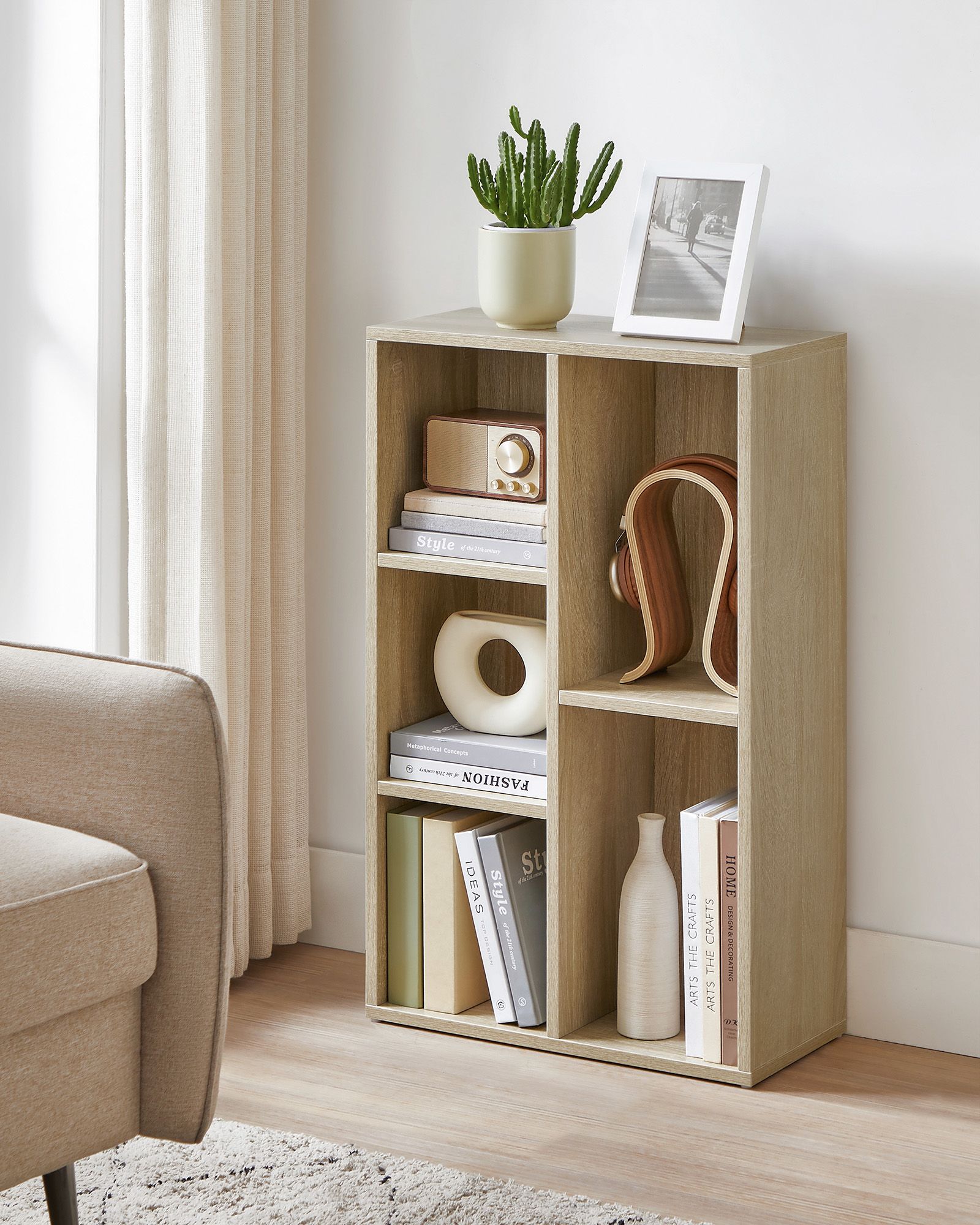 Wooden Bookcase - 5-Cube Design - Oak - Floor Standing Bookshelf