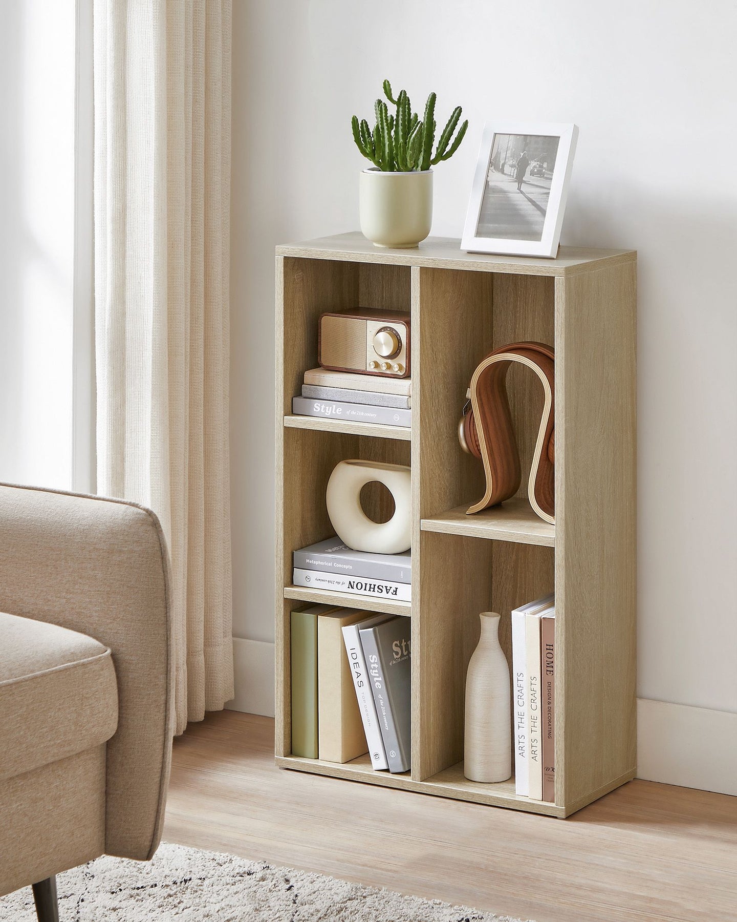 Wooden Bookcase - 5-Cube Design - Oak - Floor Standing Bookshelf