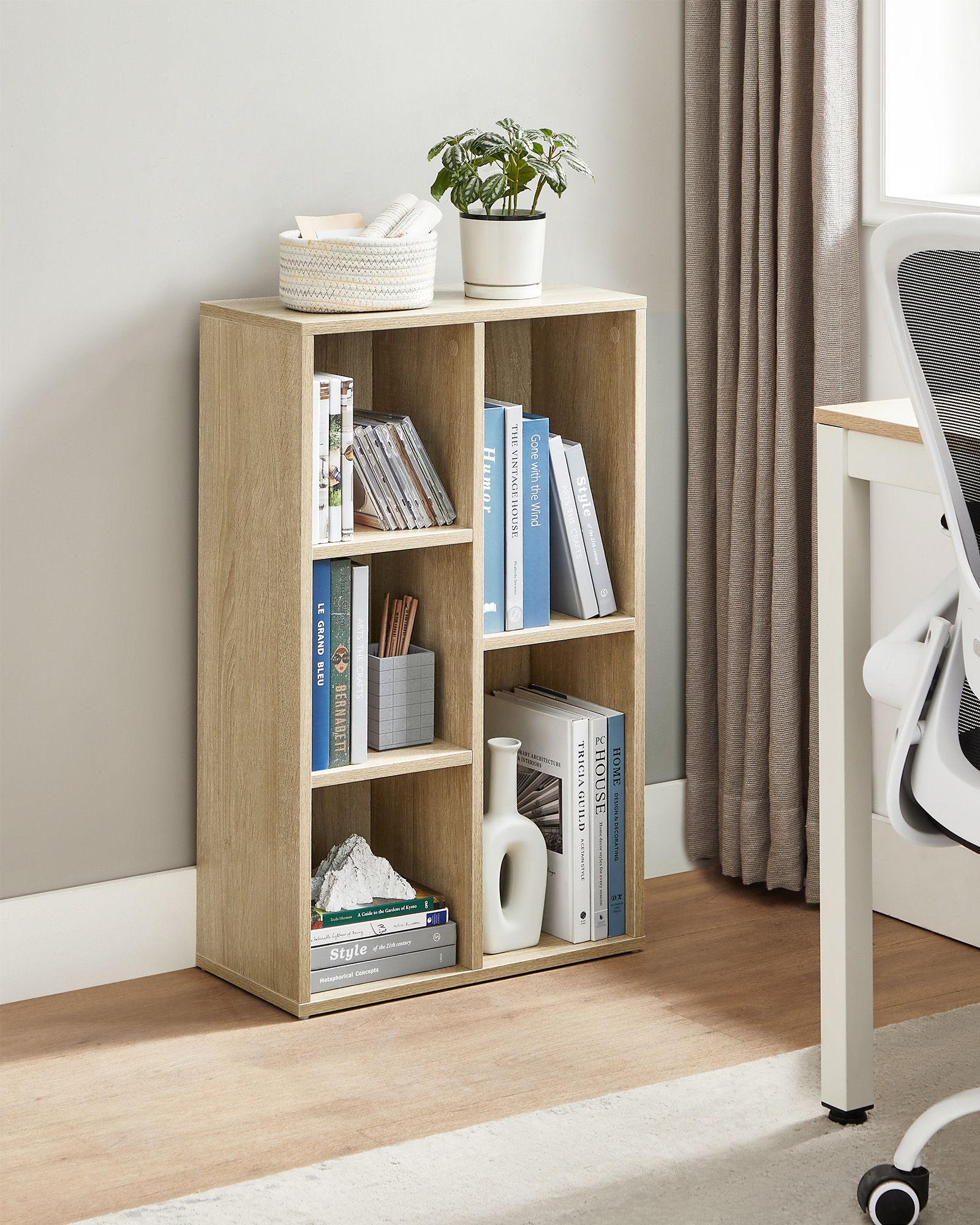 Wooden Bookcase - 5-Cube Design - Oak - Floor Standing Bookshelf