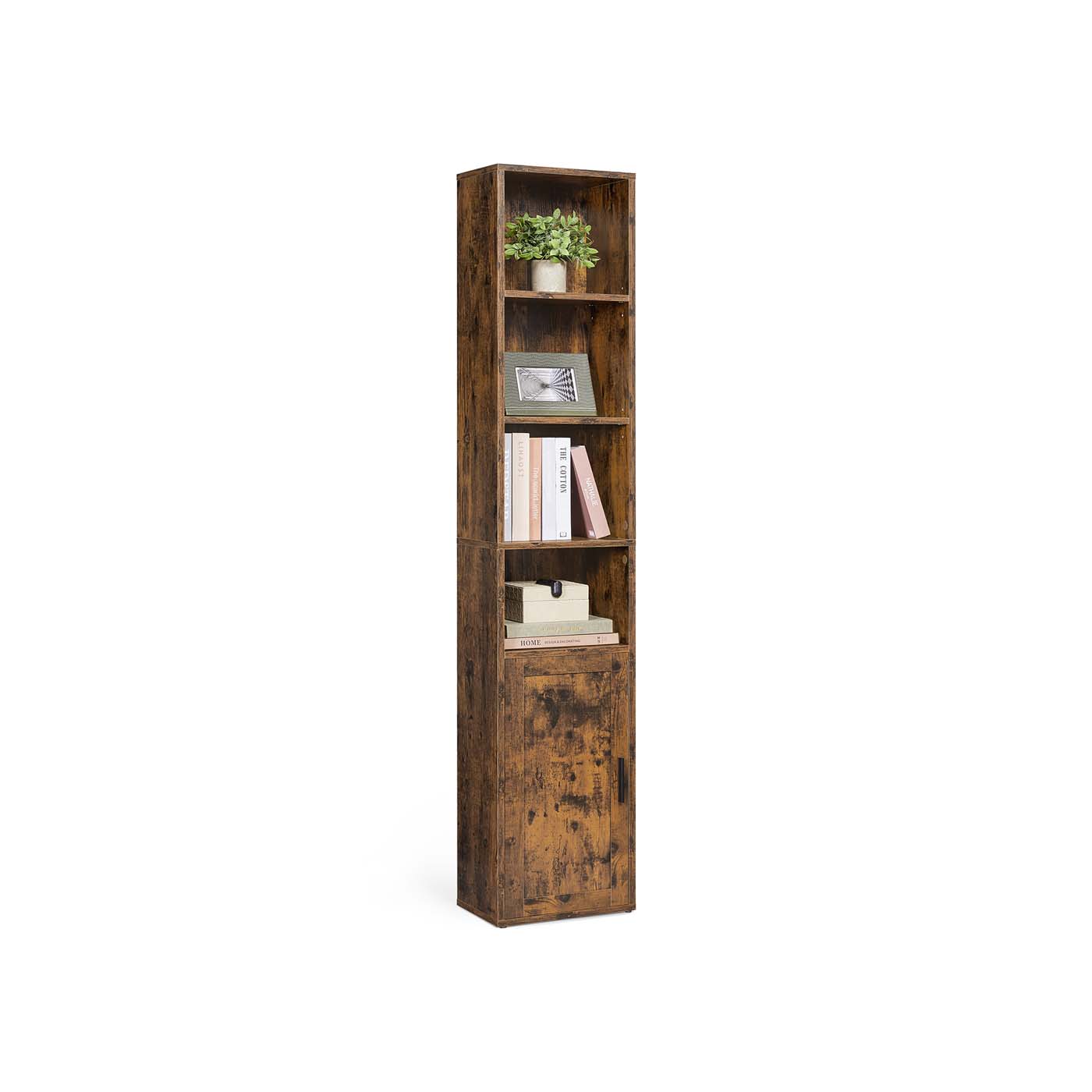 Tall Bookcase - 6-Tier with Door - Rustic Brown - Wooden