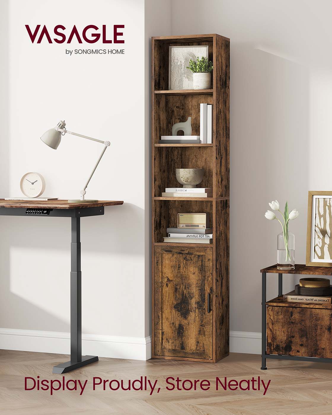 Tall Bookcase - 6-Tier with Door - Rustic Brown - Wooden