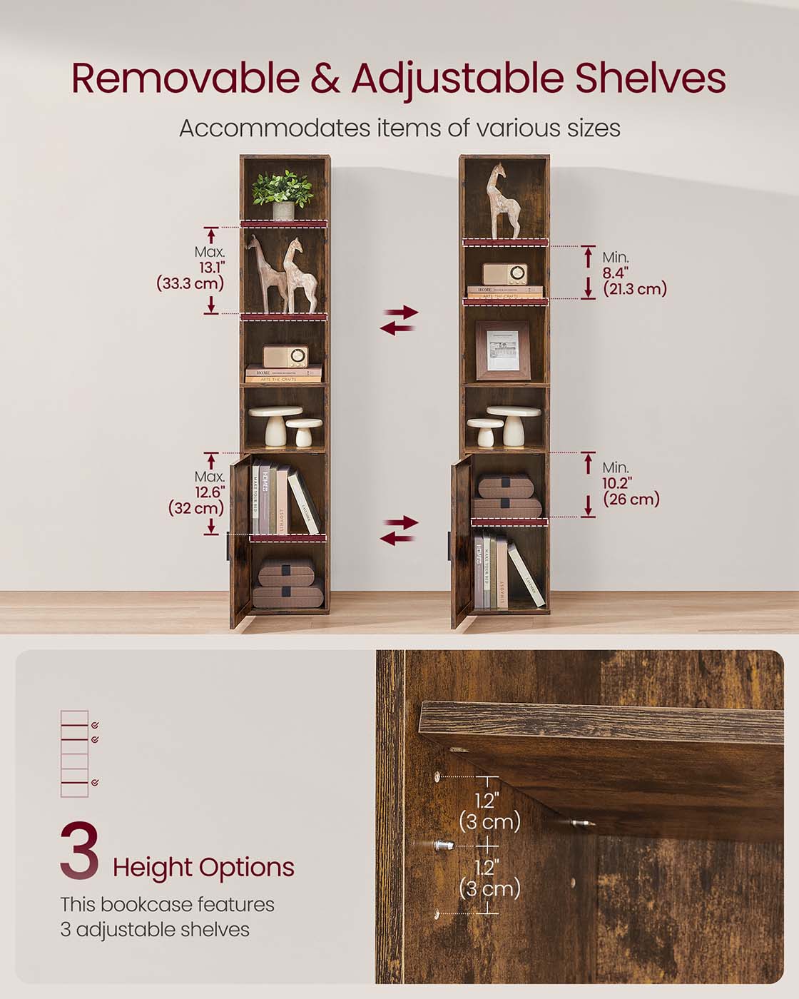 Tall Bookcase - 6-Tier with Door - Rustic Brown - Wooden