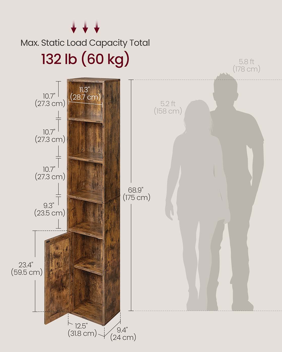 Tall Bookcase - 6-Tier with Door - Rustic Brown - Wooden