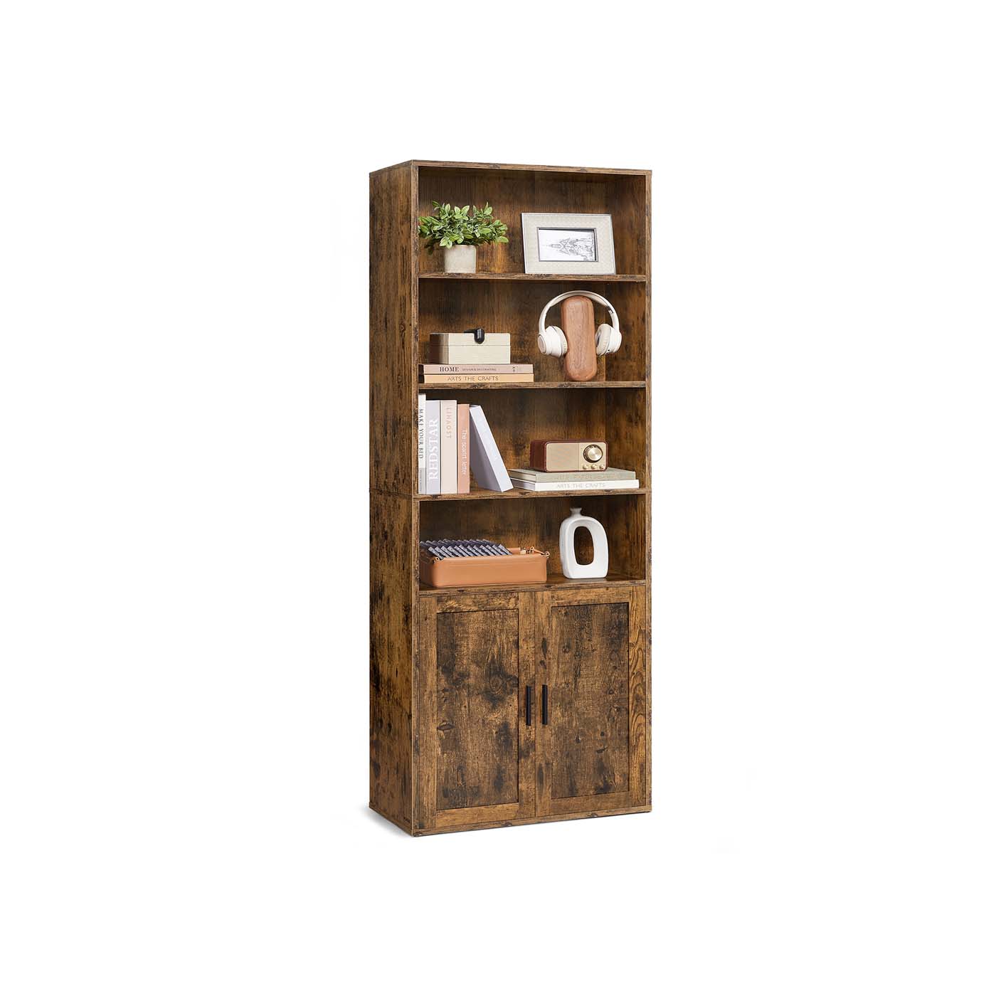 Tall Bookcase - 6-Tier with Door - Rustic Brown - Wooden