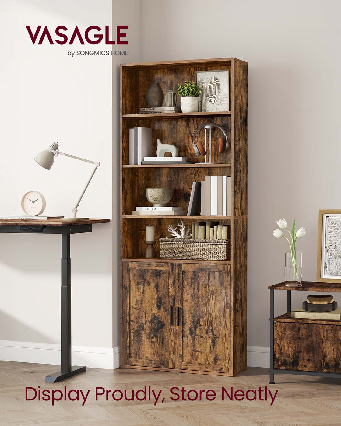Tall Bookcase - 6-Tier with Door - Rustic Brown - Wooden
