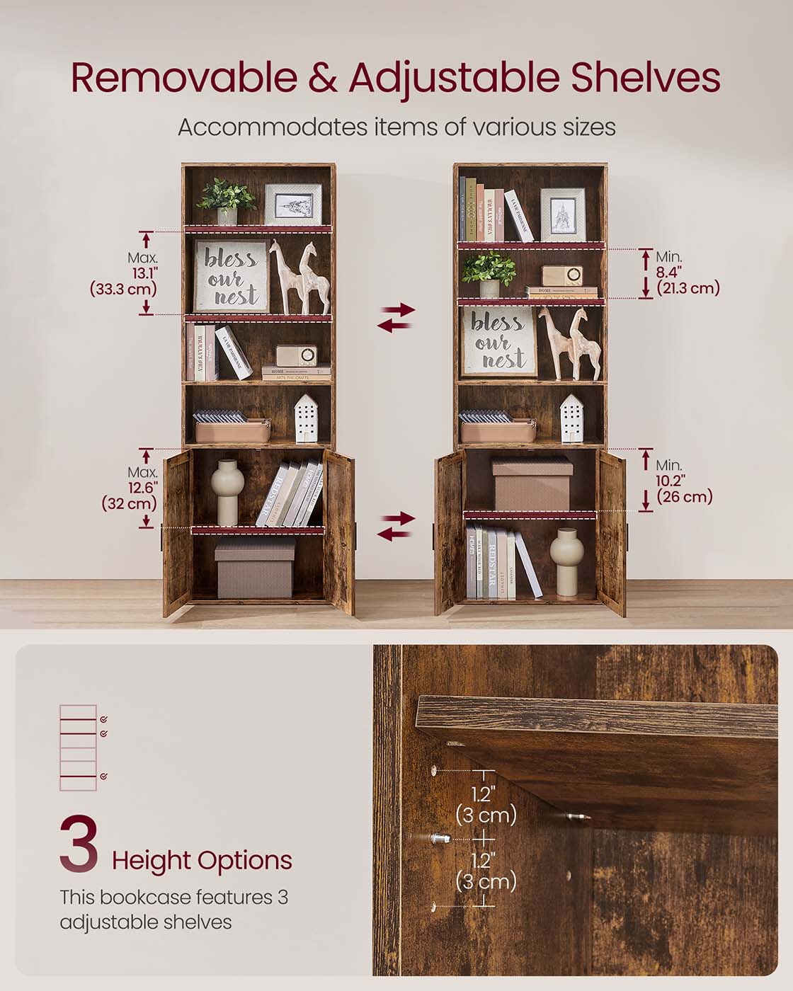 Tall Bookcase - 6-Tier with Door - Rustic Brown - Wooden