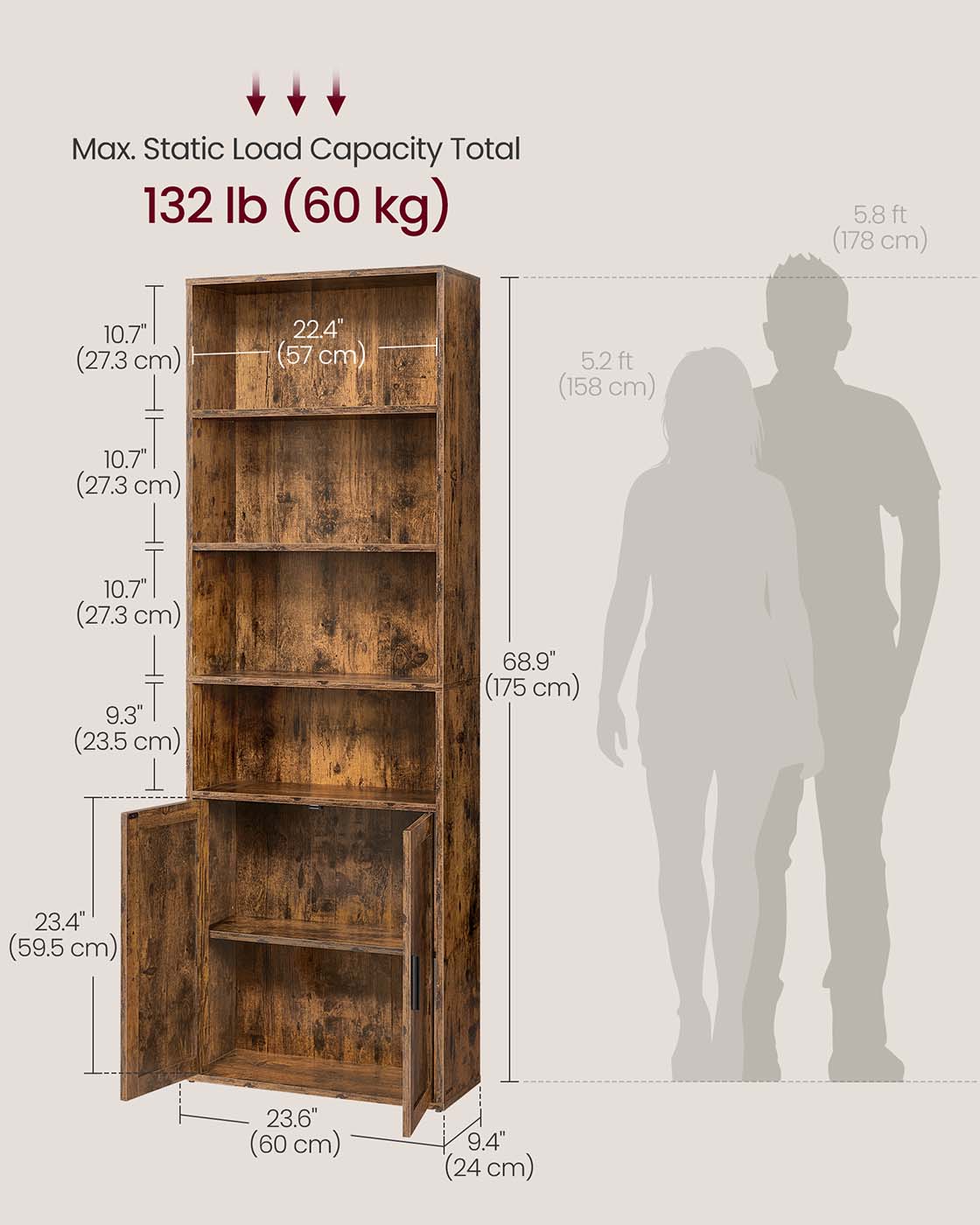 Tall Bookcase - 6-Tier with Door - Rustic Brown - Wooden