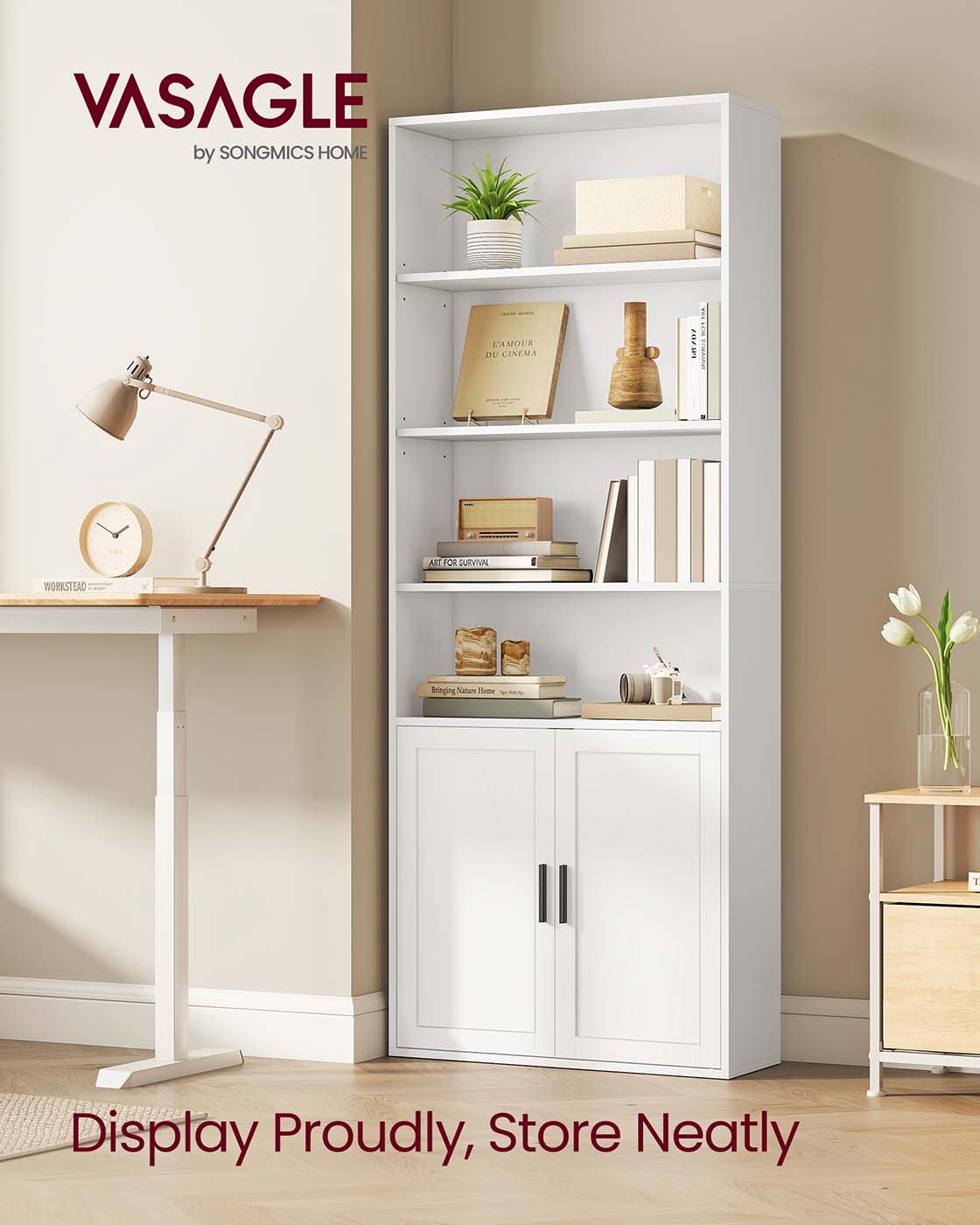 Tall Wooden Bookcase - 6-Tier with Door - Wood - Cloud White