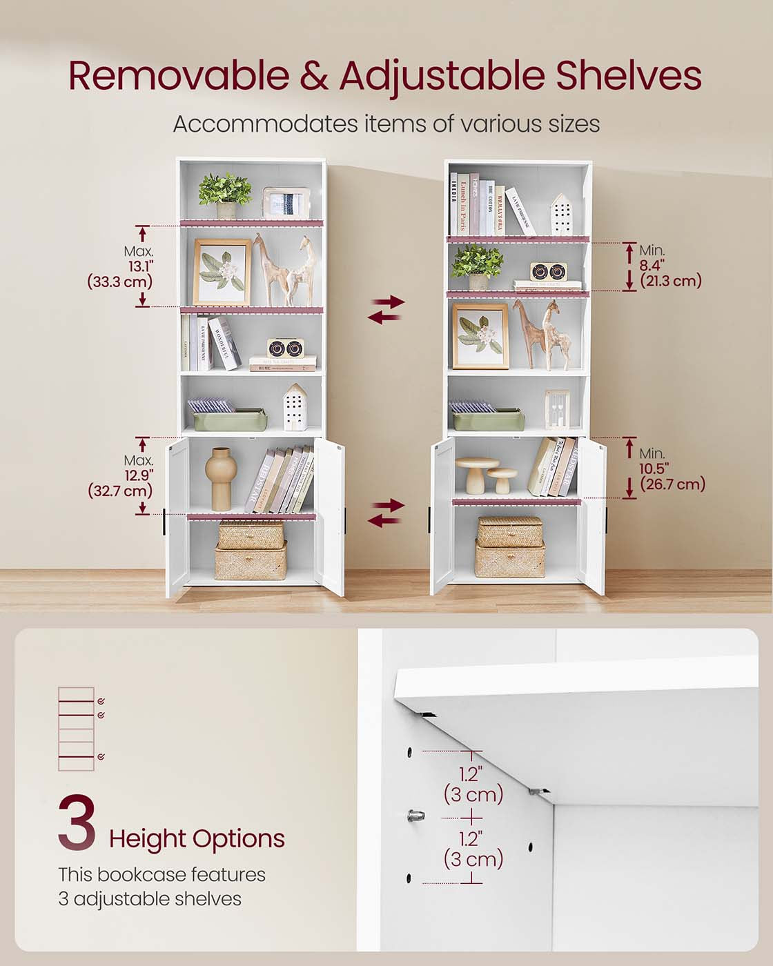 Tall Wooden Bookcase - 6-Tier with Door - Wood - Cloud White
