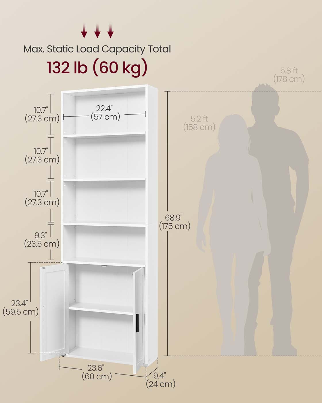 Tall Wooden Bookcase - 6-Tier with Door - Wood - Cloud White