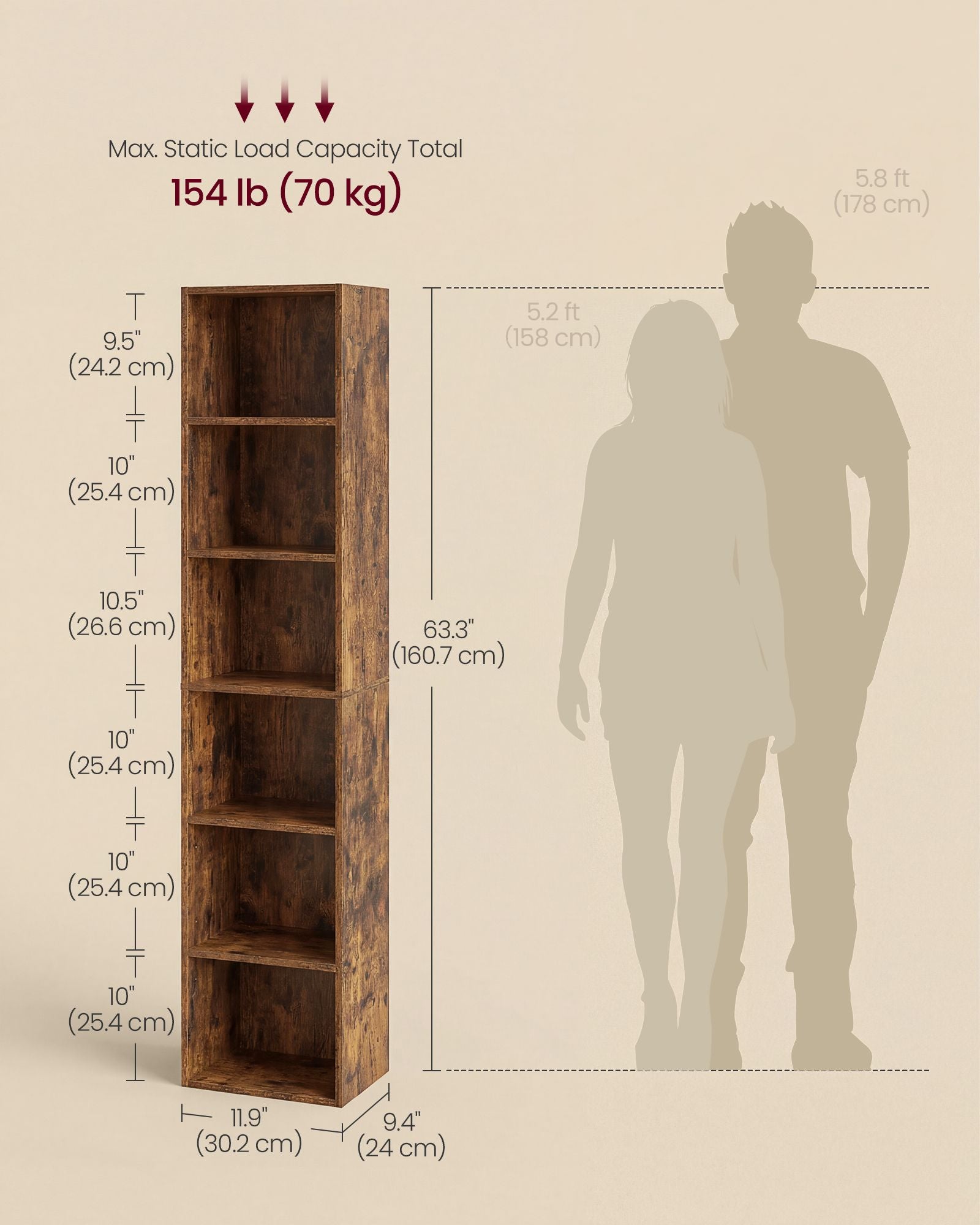 Bookcase - Standing with Multiple Tiers - Rustic Brown - 30.2 x 24 x 160.7 cm