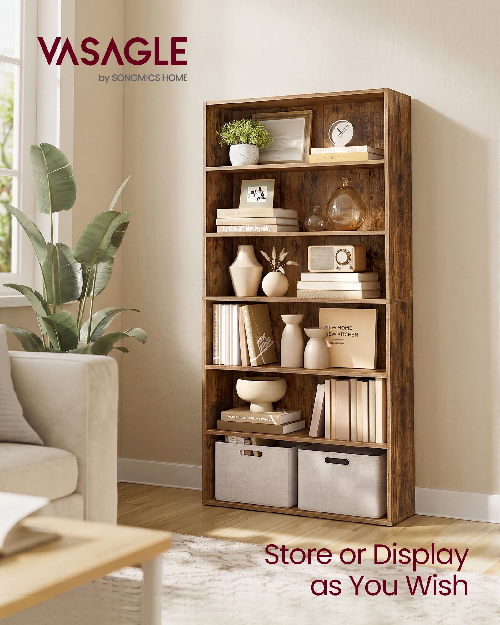 Storage Shelving Unit - Open with Multiple Tiers - Rustic Brown - 80 x 24 x 160.7 cm