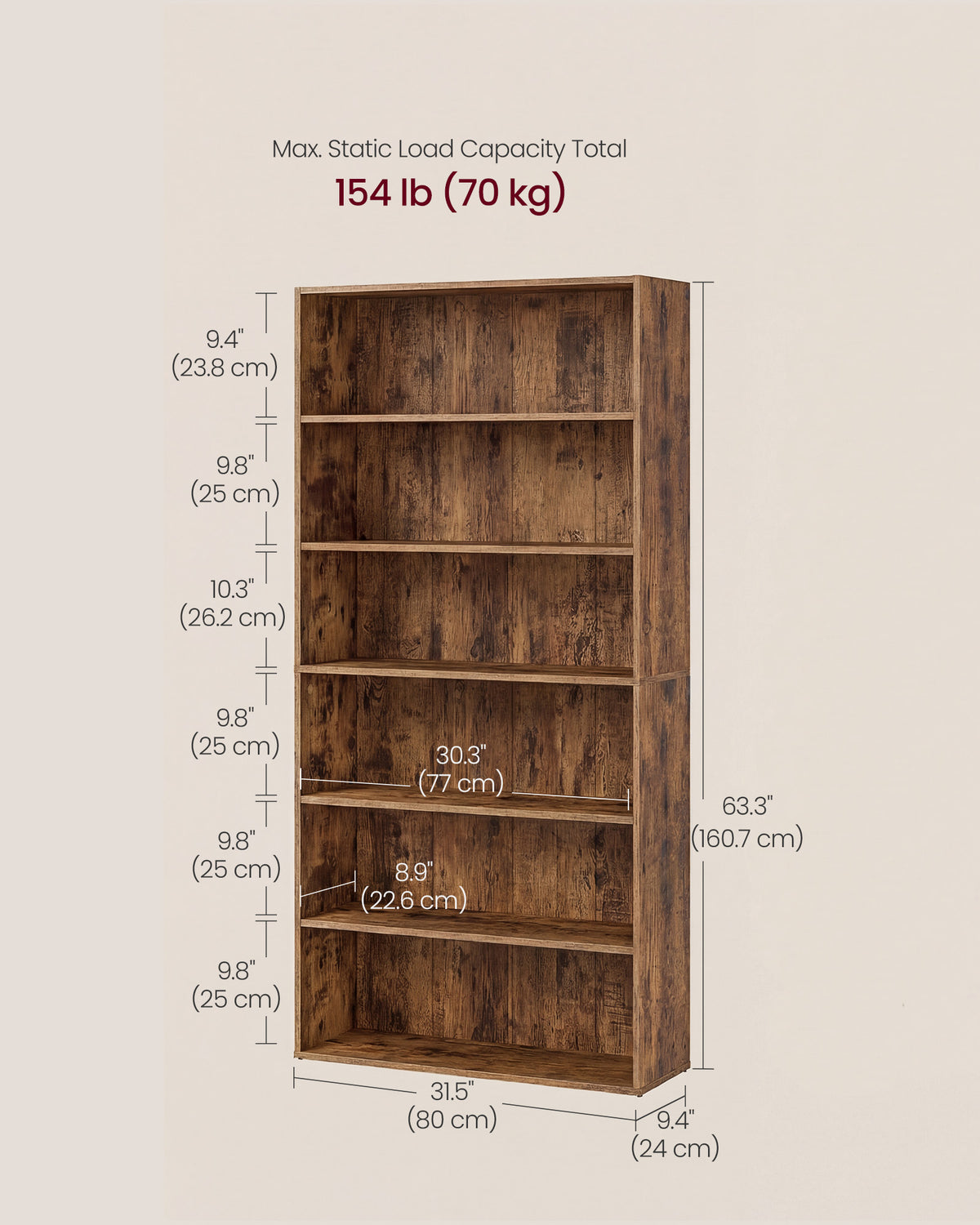Storage Shelving Unit - Open with Multiple Tiers - Rustic Brown - 80 x 24 x 160.7 cm