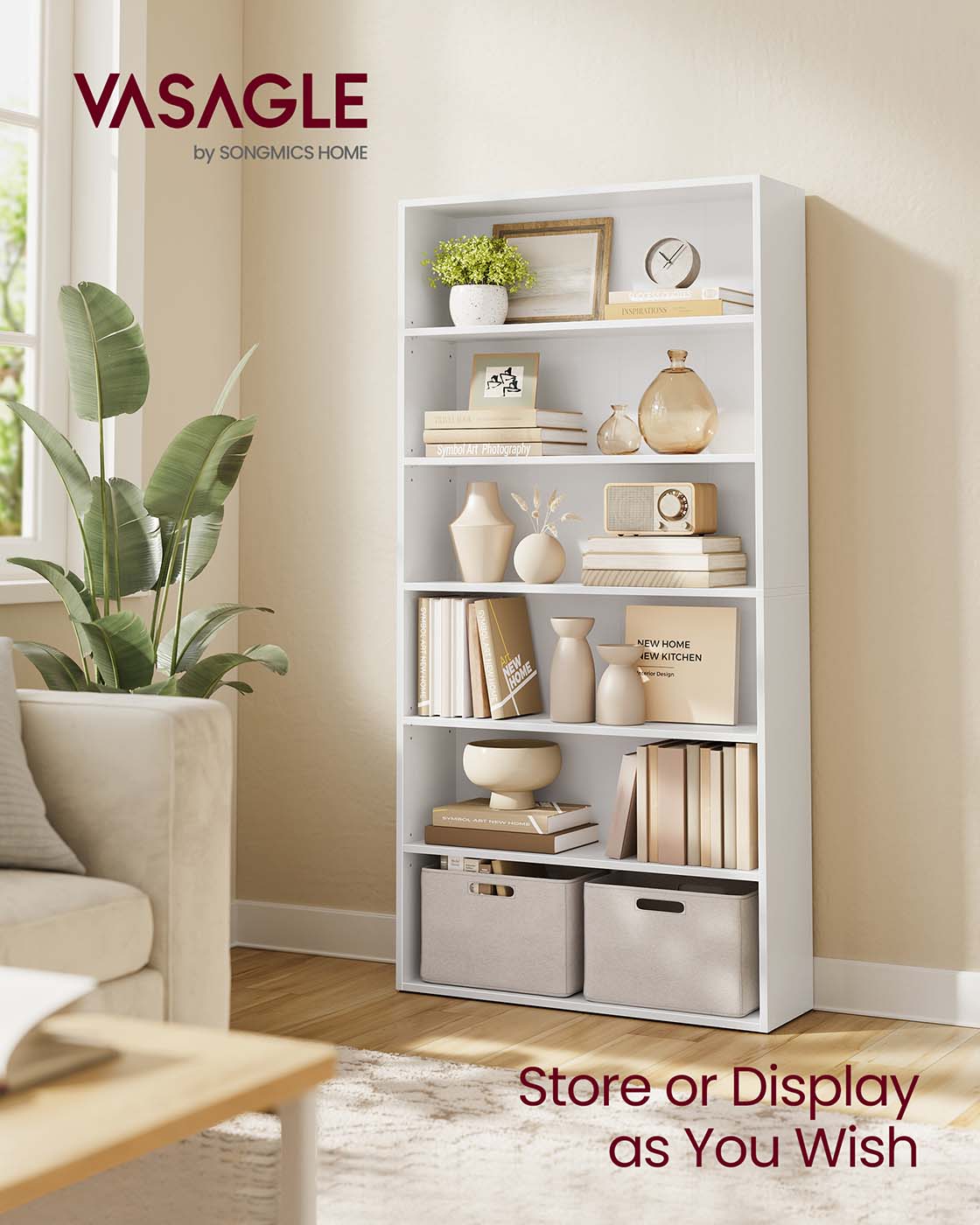 5-Tier Bookshelf - Wood - Cloud White - Open Storage Design