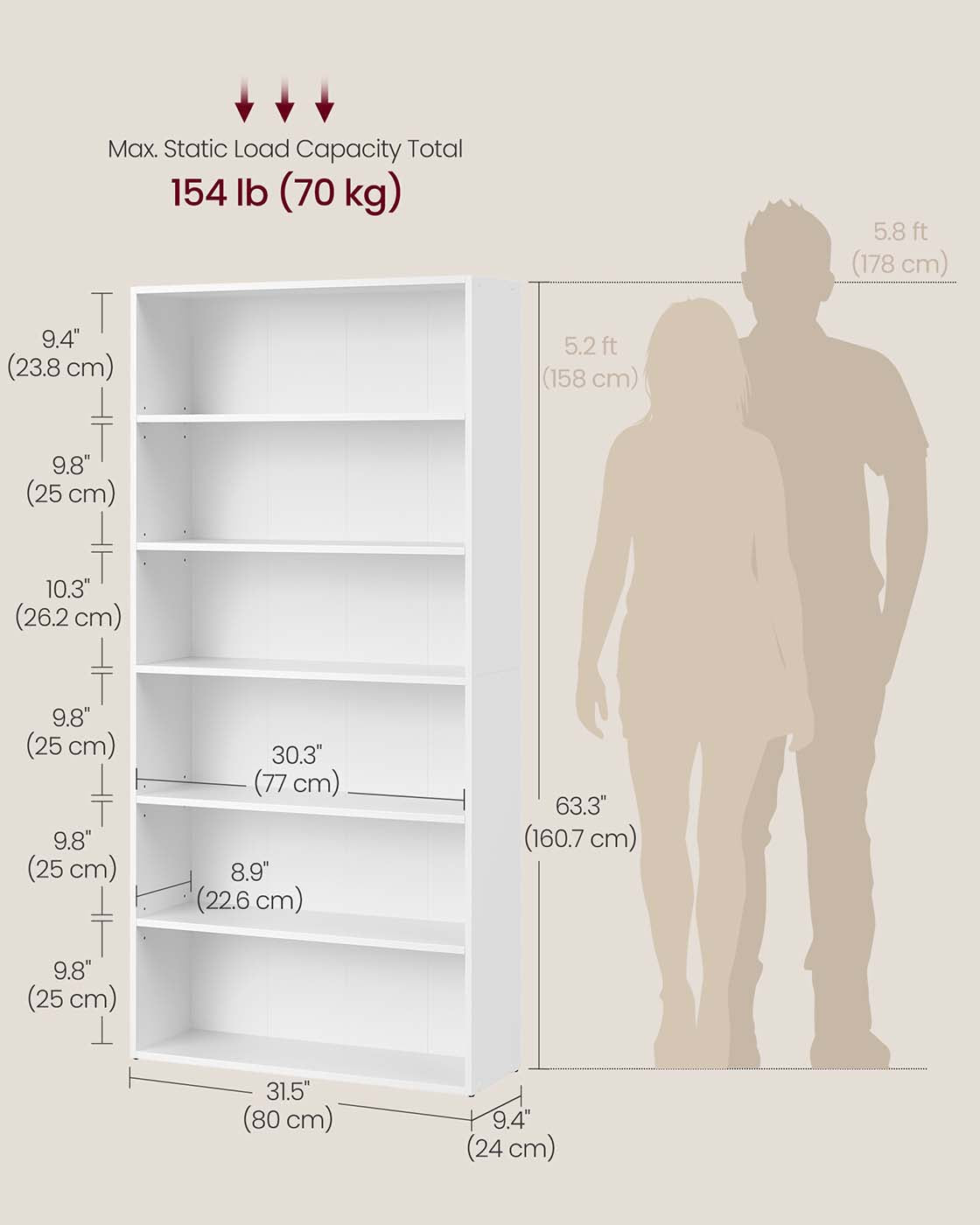 5-Tier Bookshelf - Wood - Cloud White - Open Storage Design