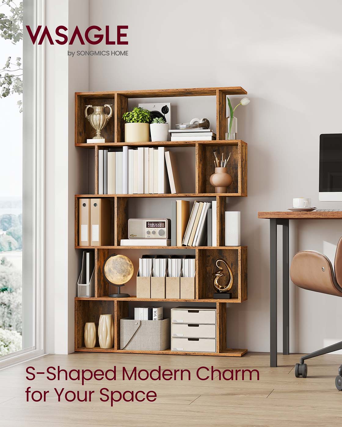 5-Tier Bookshelf - Rustic Brown - Wooden