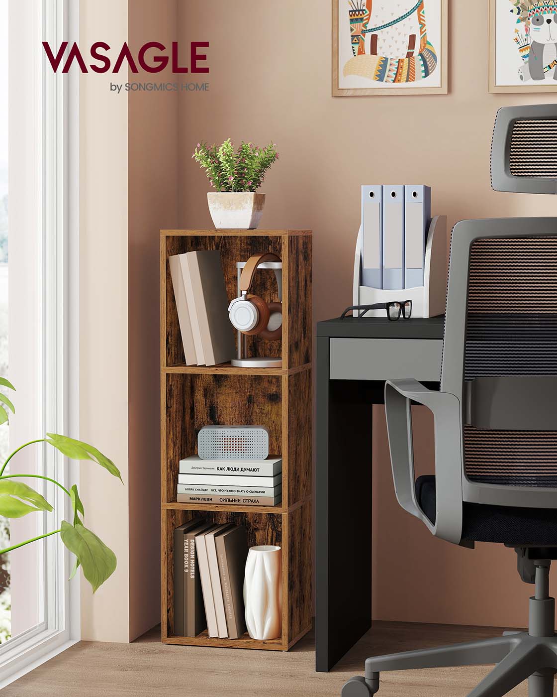 3-Tier Bookshelf - Wood - Rustic Brown - Open Compartments