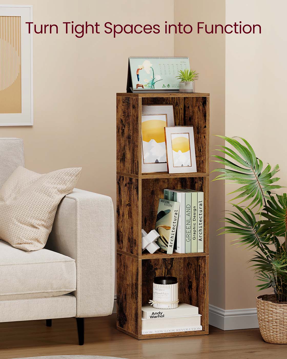 3-Tier Bookshelf - Wood - Rustic Brown - Open Compartments