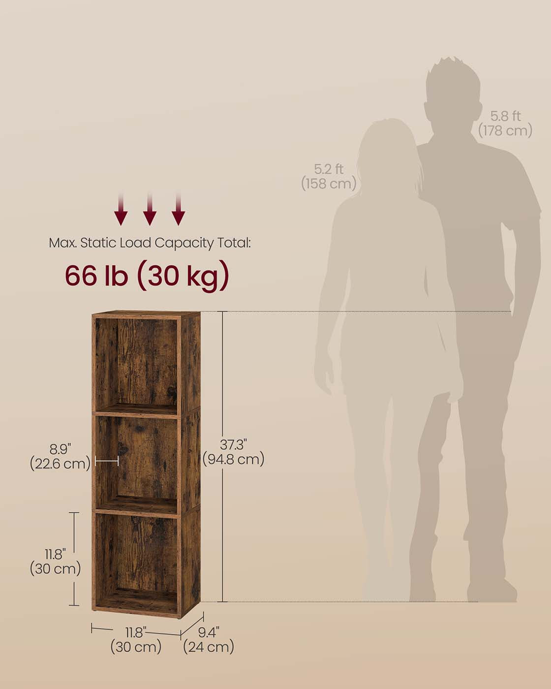3-Tier Bookshelf - Wood - Rustic Brown - Open Compartments