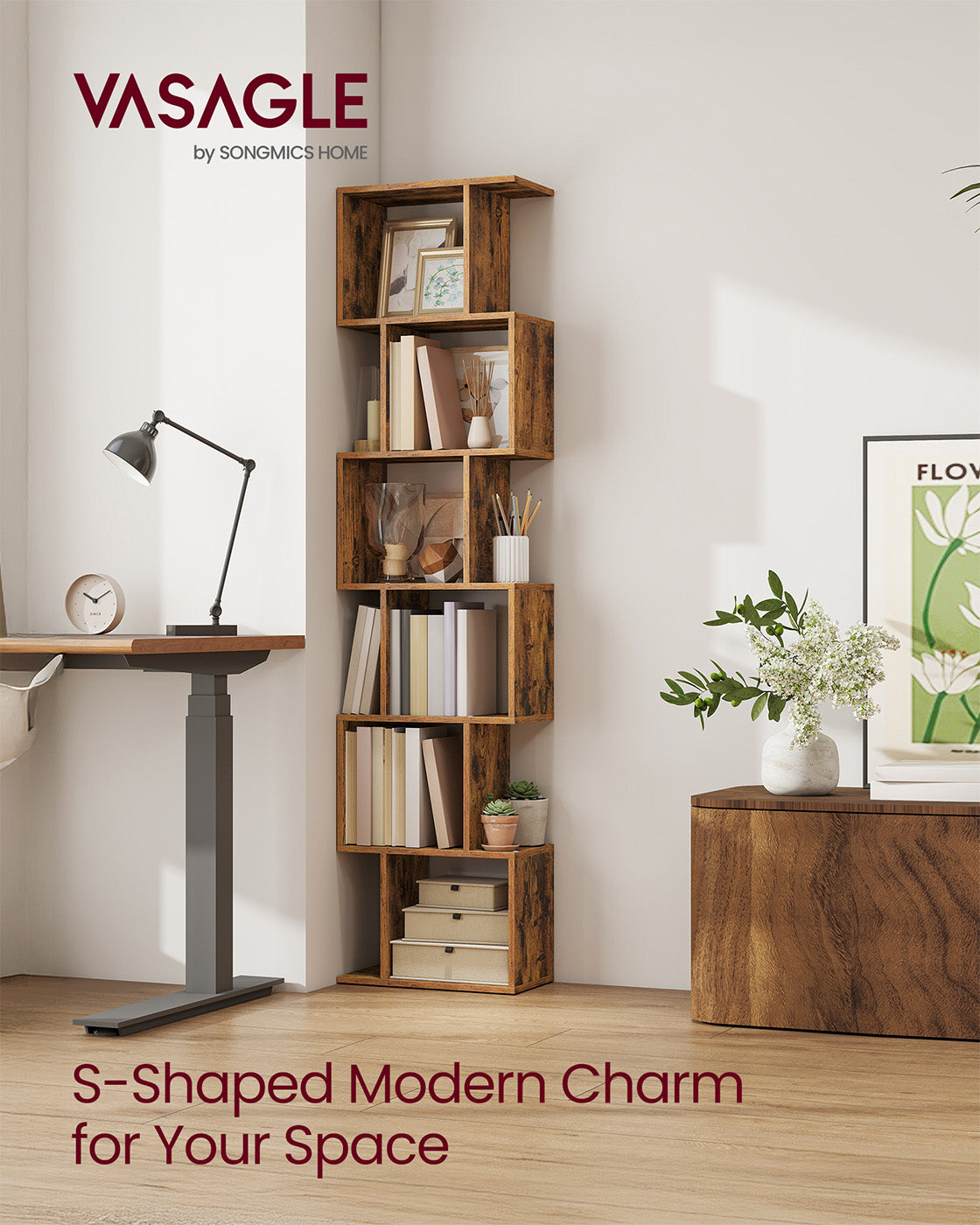 Bookshelf - Engineered Wood - Rustic Brown - 6-Tier Room Divider with Cube Shelves