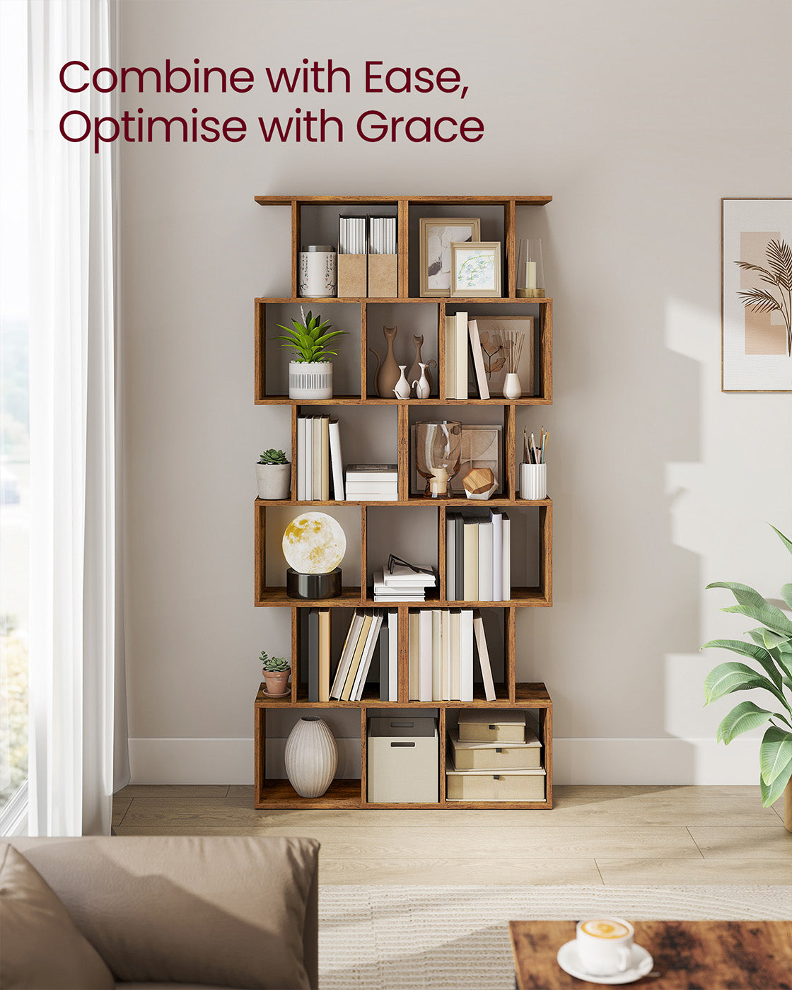 Bookshelf - Engineered Wood - Rustic Brown - 6-Tier Room Divider with Cube Shelves