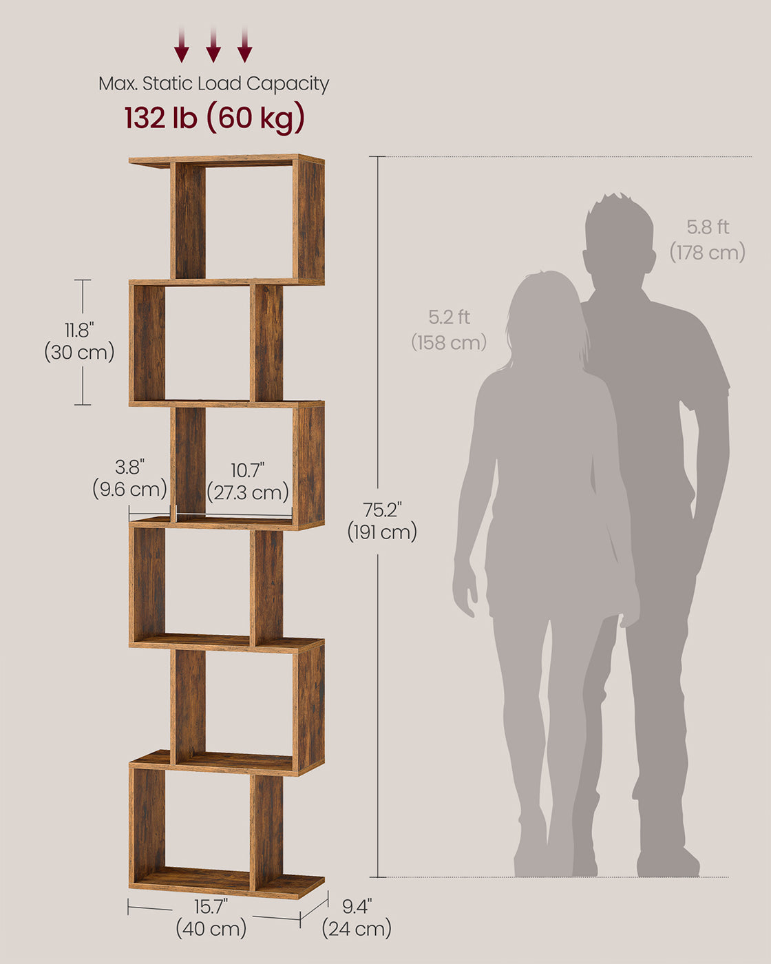 Bookshelf - Engineered Wood - Rustic Brown - 6-Tier Room Divider with Cube Shelves