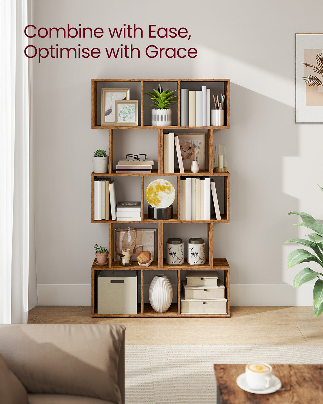 Bookshelf - Engineered Wood - Rustic Brown - 6-Tier Room Divider with Cube Shelves