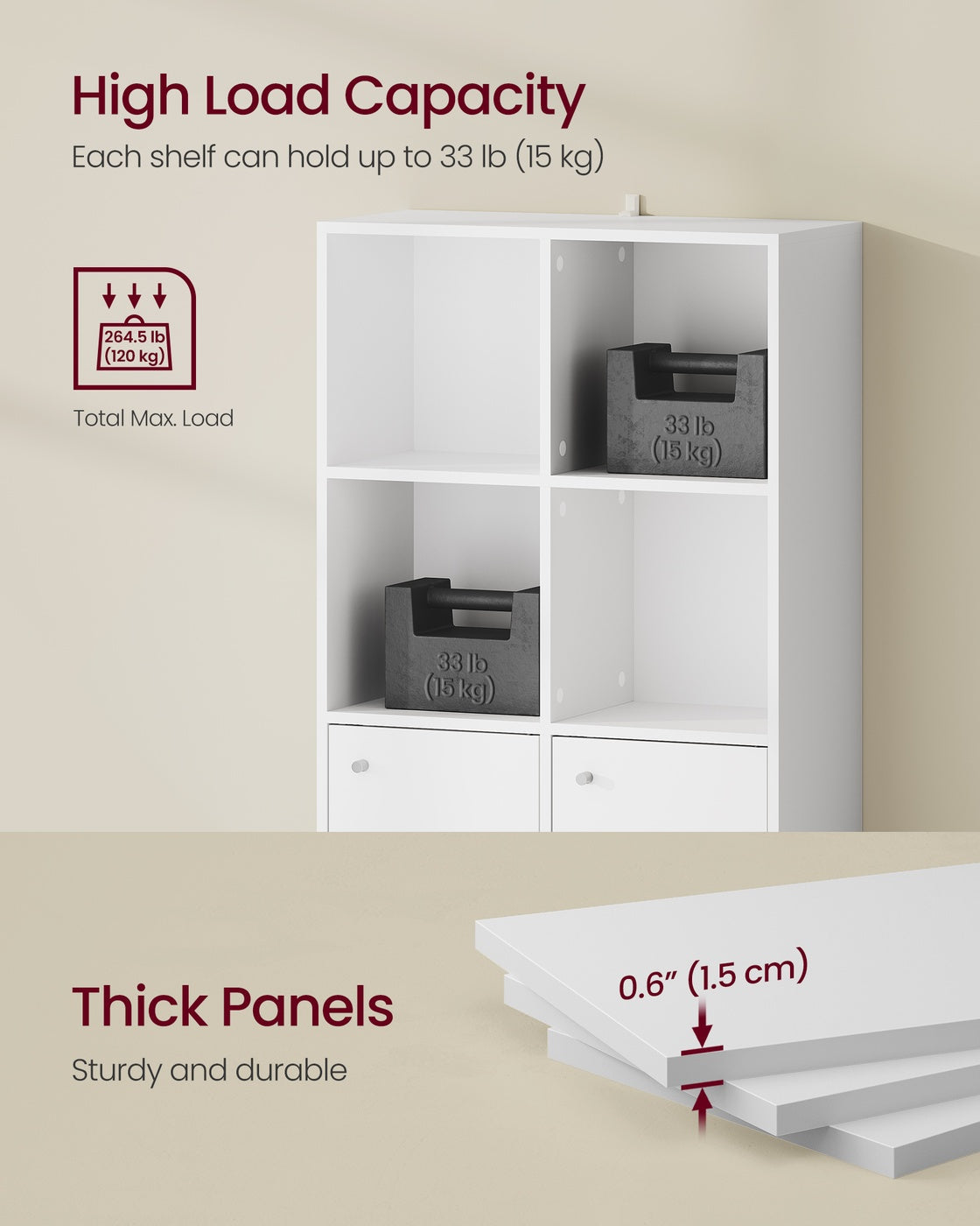 3-Tier Bookcase - 90L - Particleboard - 2 Cabinets