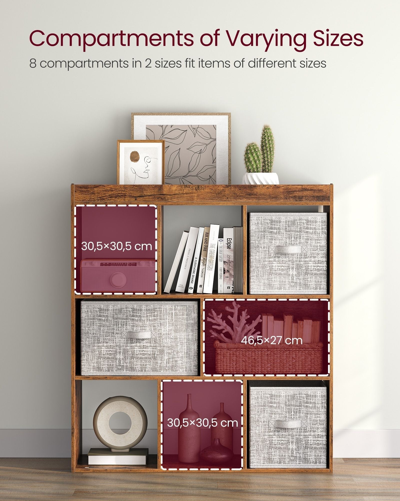 8-Compartment Bookshelf - Wood - Oak - Free Standing Storage and Display Unit