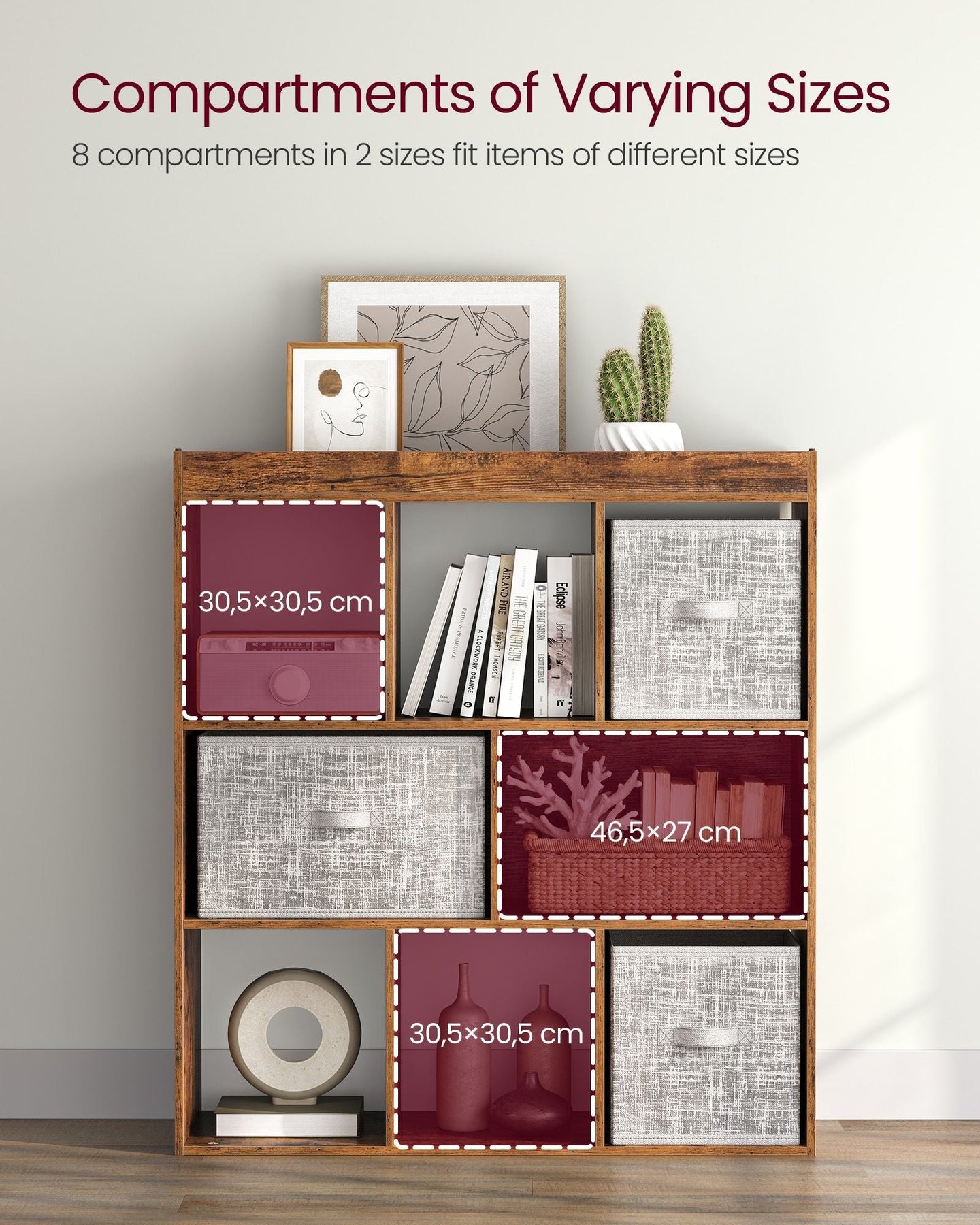 8-Compartment Bookshelf - Wood - Oak - Free Standing Storage and Display Unit