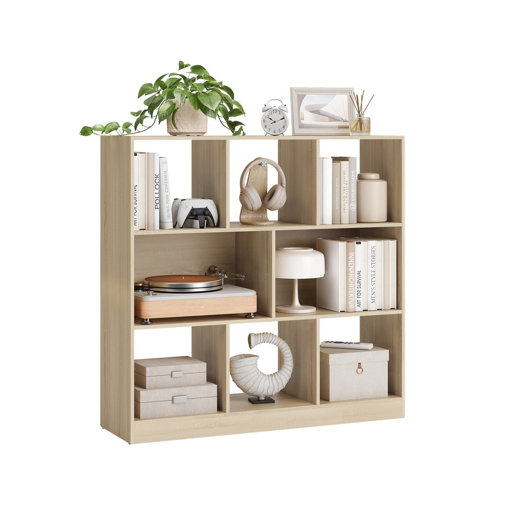 Wooden Display Bookcase - Oak - Free Standing Storage Unit with Open Cubes and Shelves