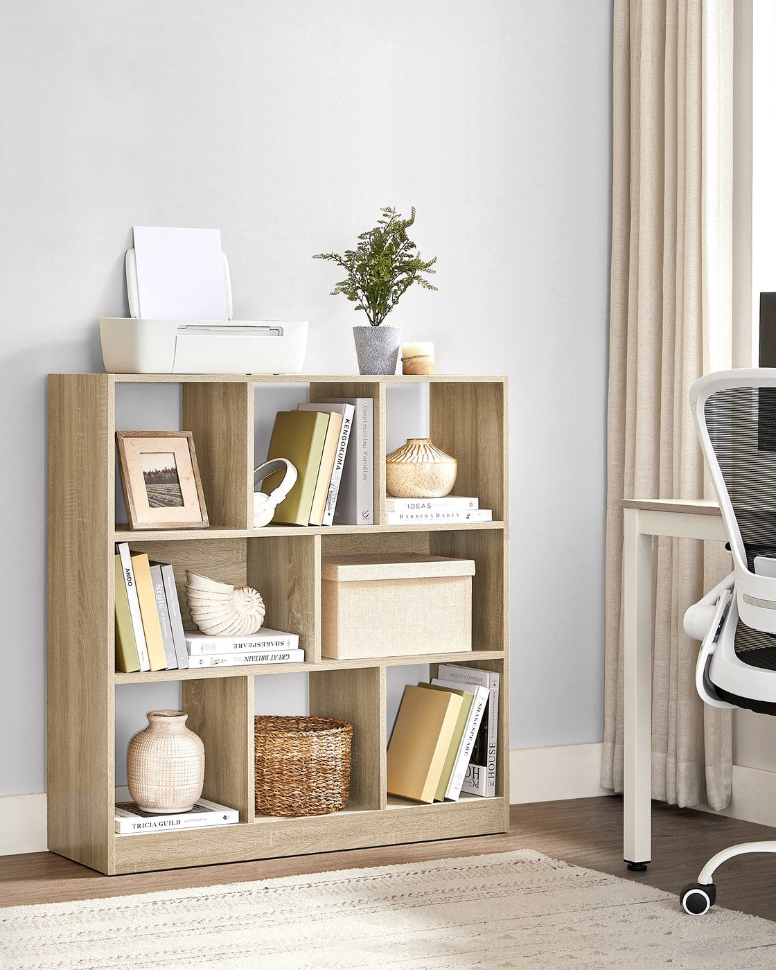 Wooden Display Bookcase - Oak - Free Standing Storage Unit with Open Cubes and Shelves