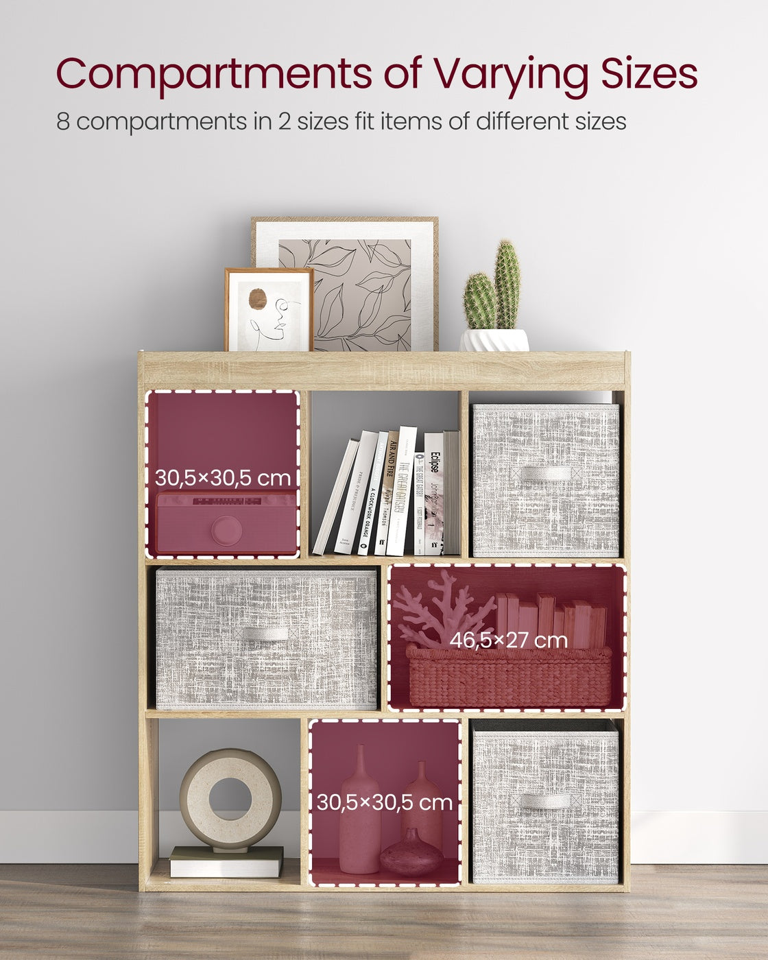 Wooden Display Bookcase - Oak - Free Standing Storage Unit with Open Cubes and Shelves
