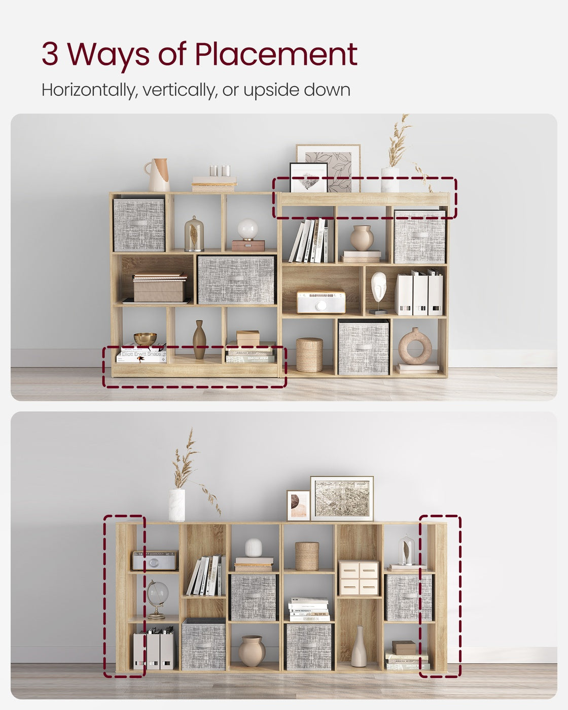 Wooden Display Bookcase - Oak - Free Standing Storage Unit with Open Cubes and Shelves