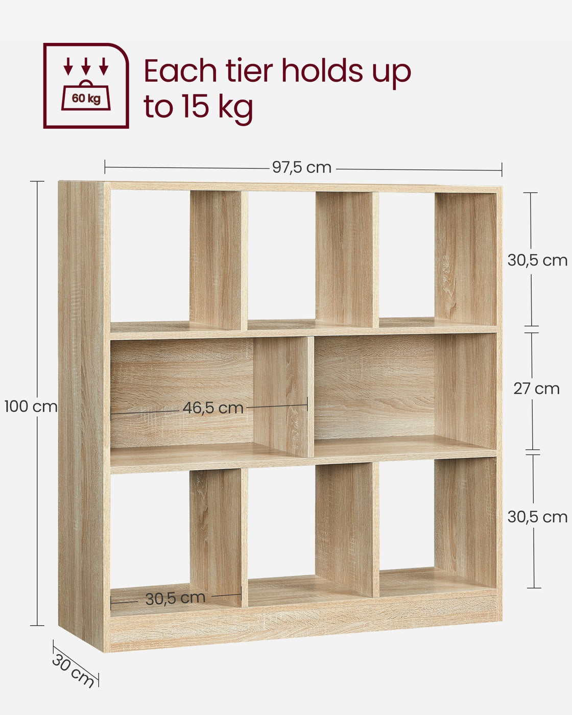 Wooden Display Bookcase - Oak - Free Standing Storage Unit with Open Cubes and Shelves