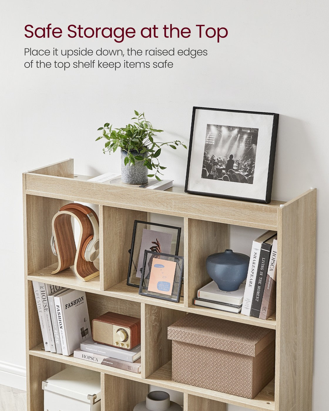 Wooden Display Bookcase - Oak - Free Standing Storage Unit with Open Cubes and Shelves