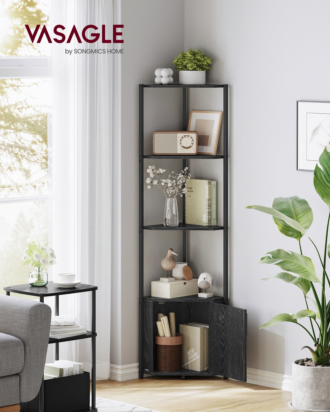 Corner Shelf - 5-Tier Storage Unit - Wood - Rustic Brown
