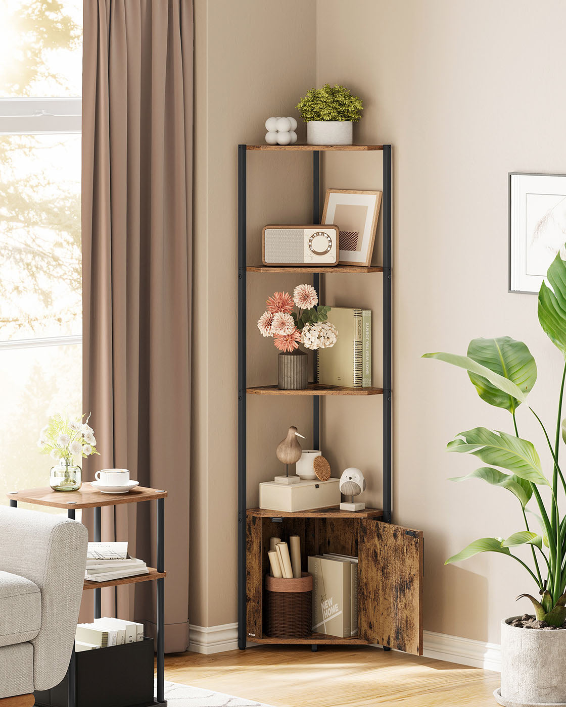 5-Tier Corner Shelf - Wood - Rustic Brown