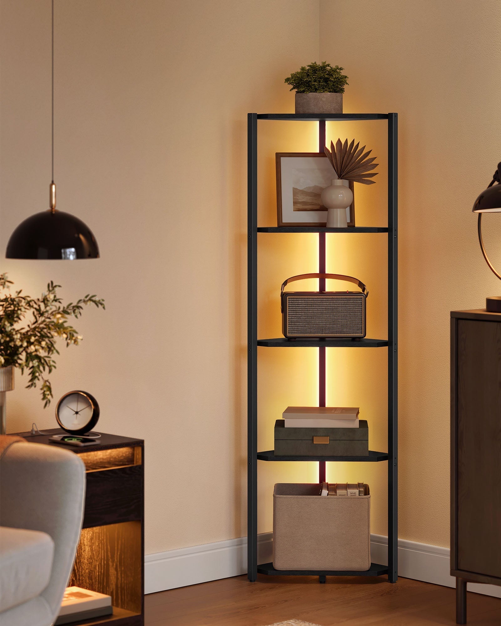 5-Tier Corner Shelf - Steel Frame - Rustic Brown - Adjustable LED Lights