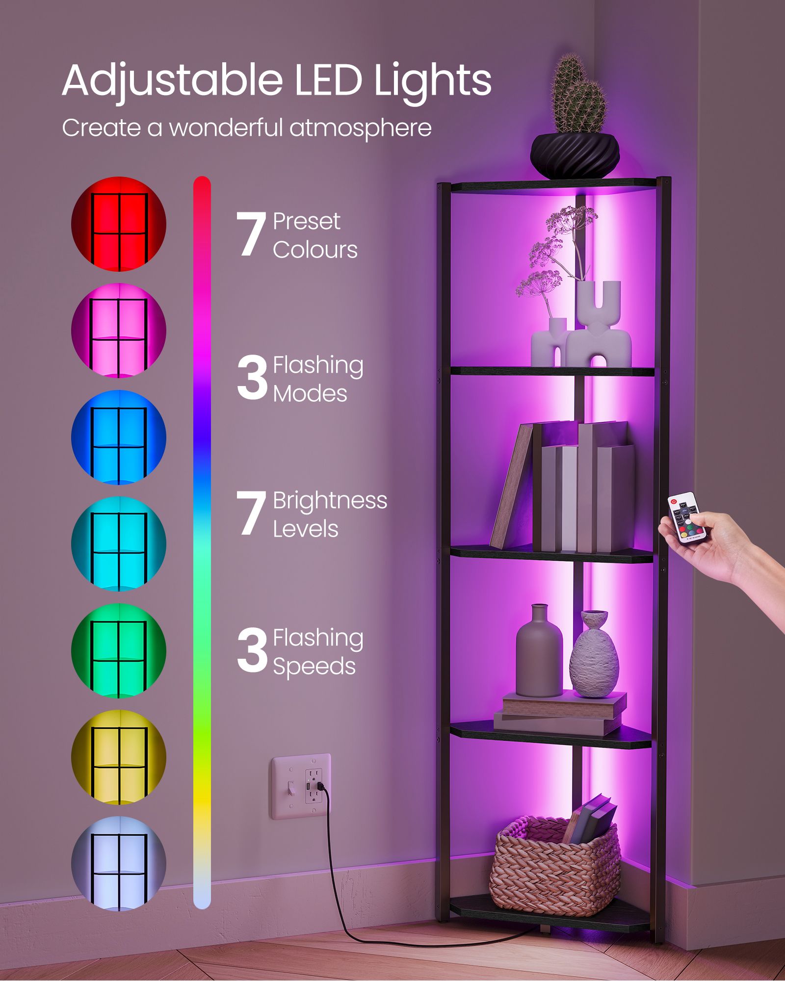 5-Tier Corner Shelf - Steel Frame - Ebony Black - Adjustable LED Lights
