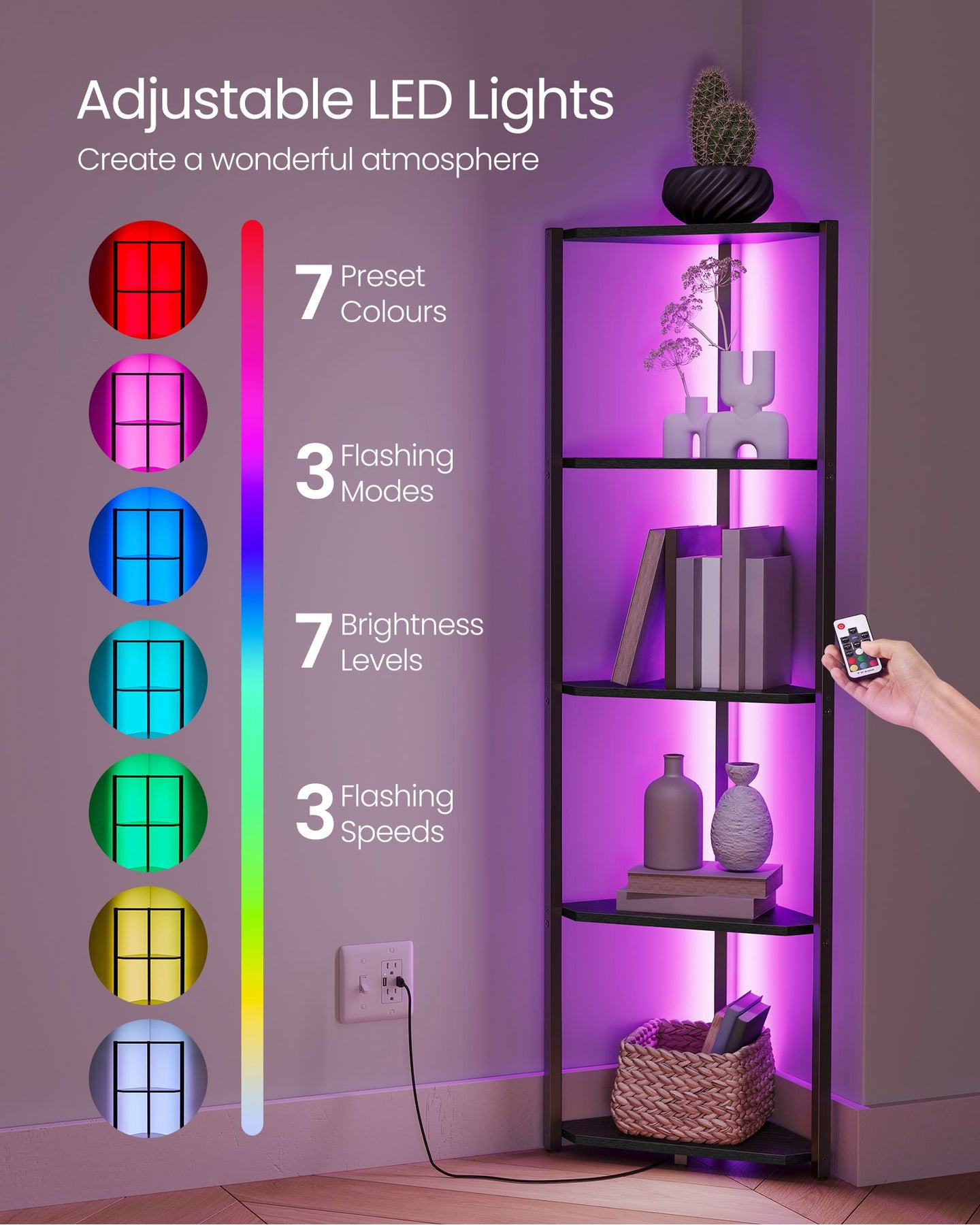 5-Tier Corner Shelf - Steel Frame - Ebony Black - Adjustable LED Lights