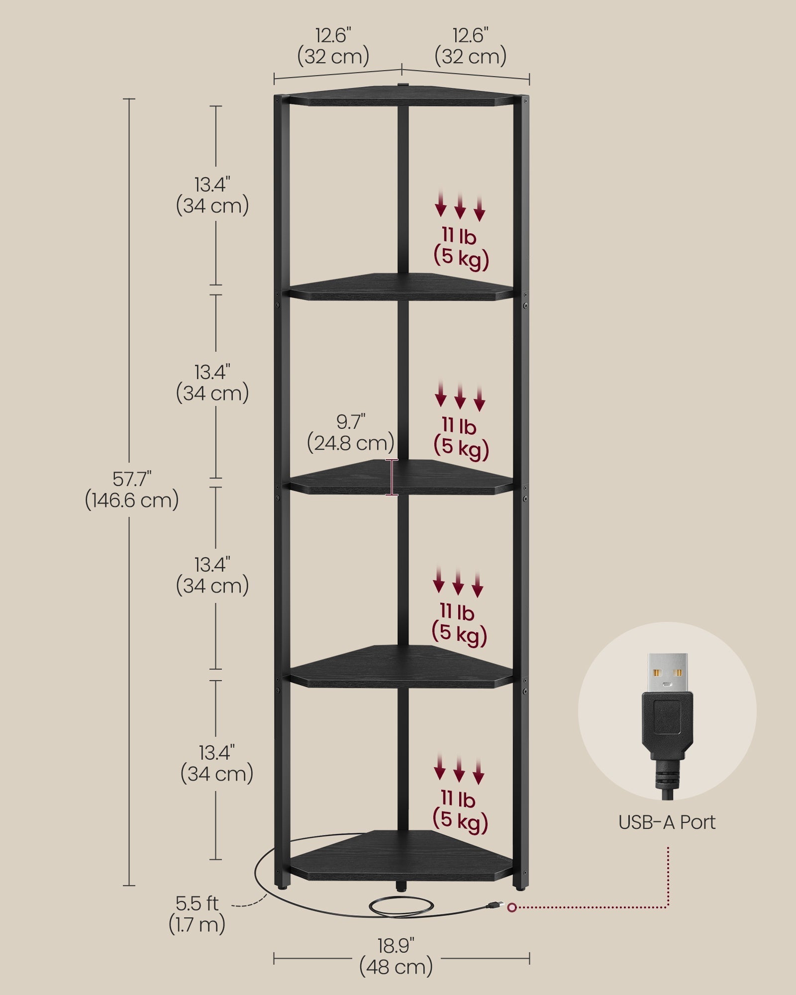 5-Tier Corner Shelf - Steel Frame - Rustic Brown - Adjustable LED Lights