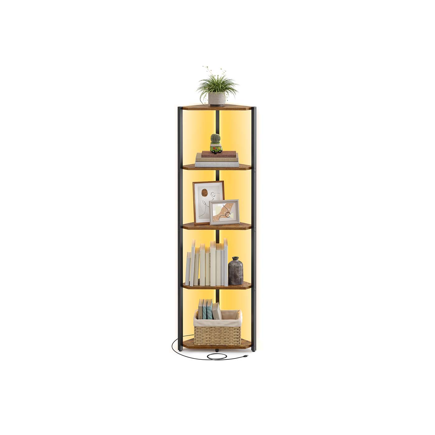 5-Tier Corner Shelf - Steel Frame - Rustic Brown - Adjustable LED Lights