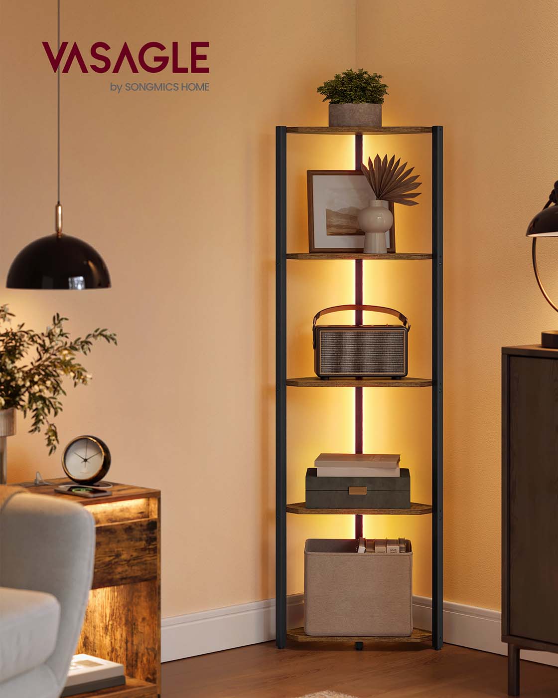 5-Tier Corner Shelf - Steel Frame - Rustic Brown - Adjustable LED Lights