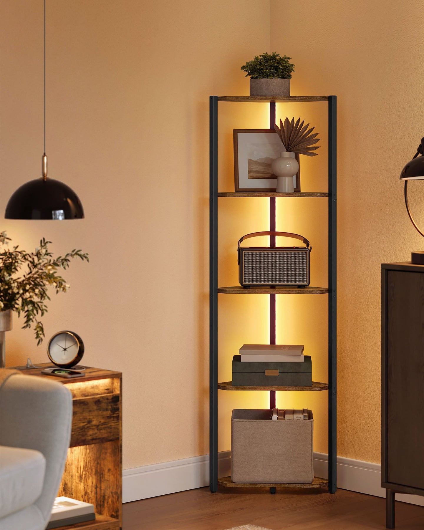 Corner Bookcase - Steel Frame - Rustic Brown - 5-Tier with Adjustable LED Lights