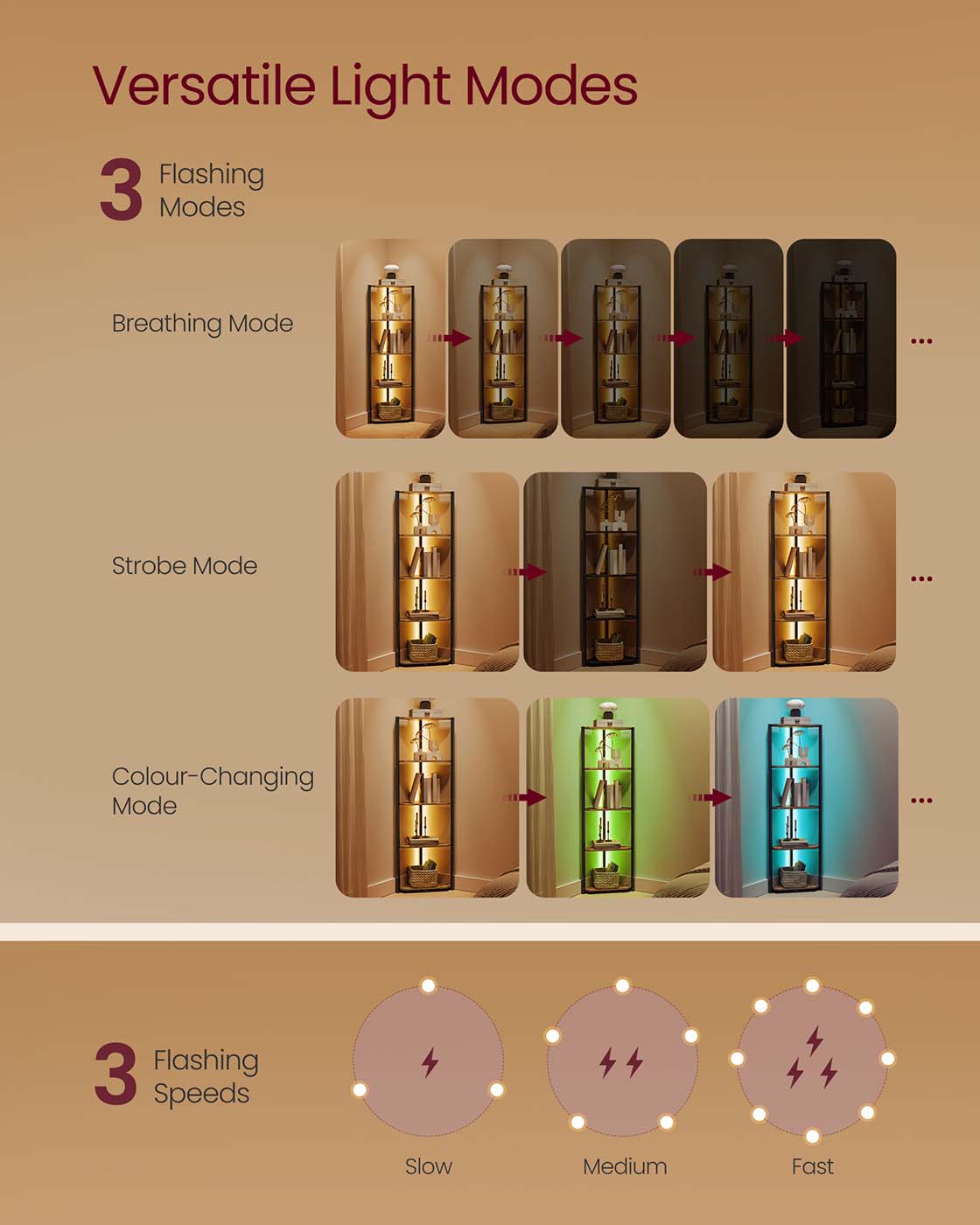 5-Tier Corner Shelf - Steel Frame - Rustic Brown - Adjustable LED Lights