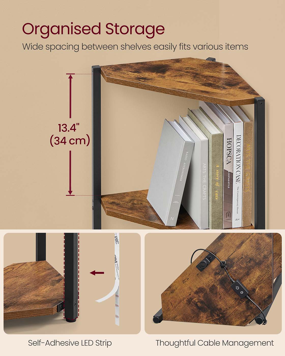 5-Tier Corner Shelf - Steel Frame - Rustic Brown - Adjustable LED Lights