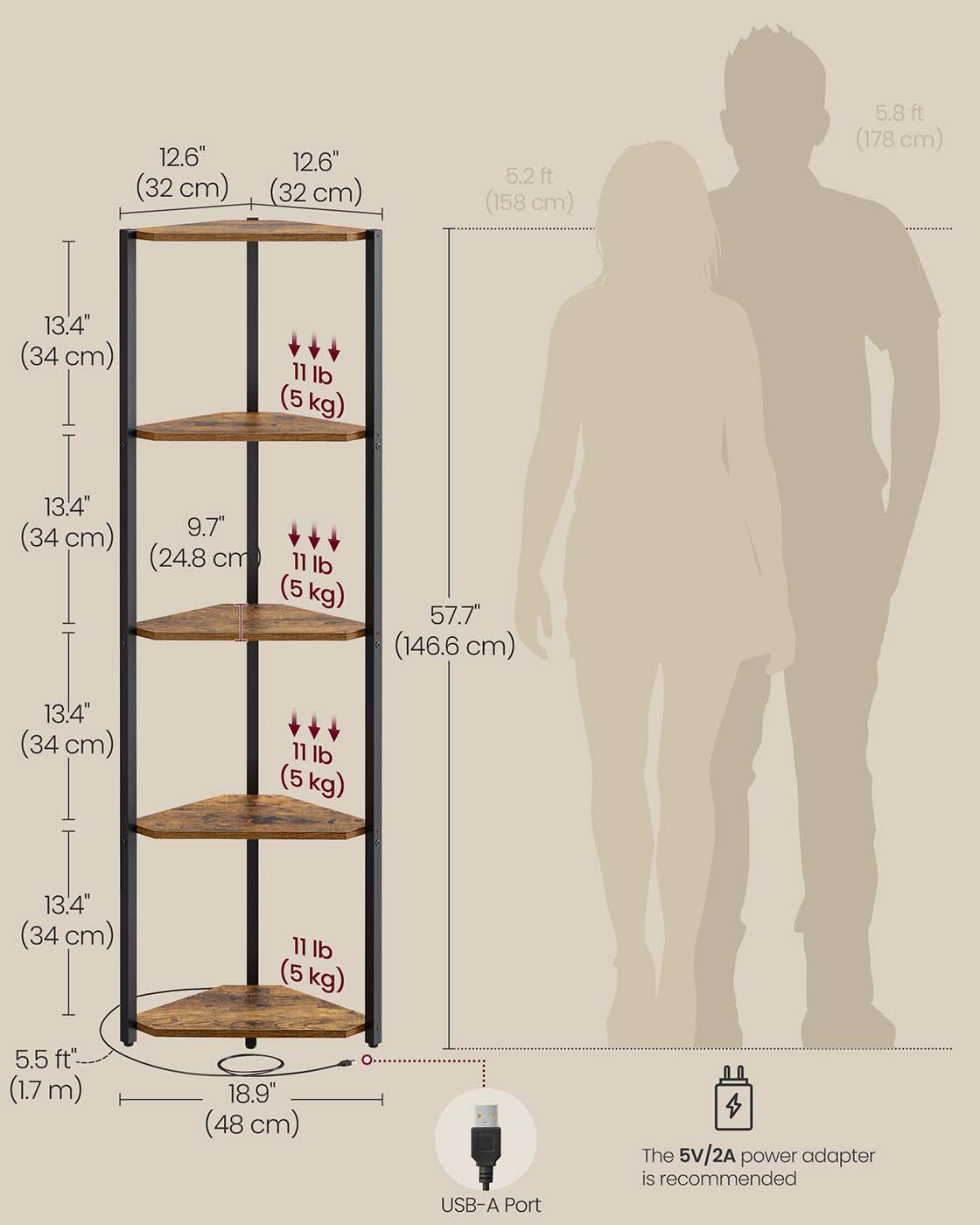 5-Tier Corner Shelf - Steel Frame - Rustic Brown - Adjustable LED Lights