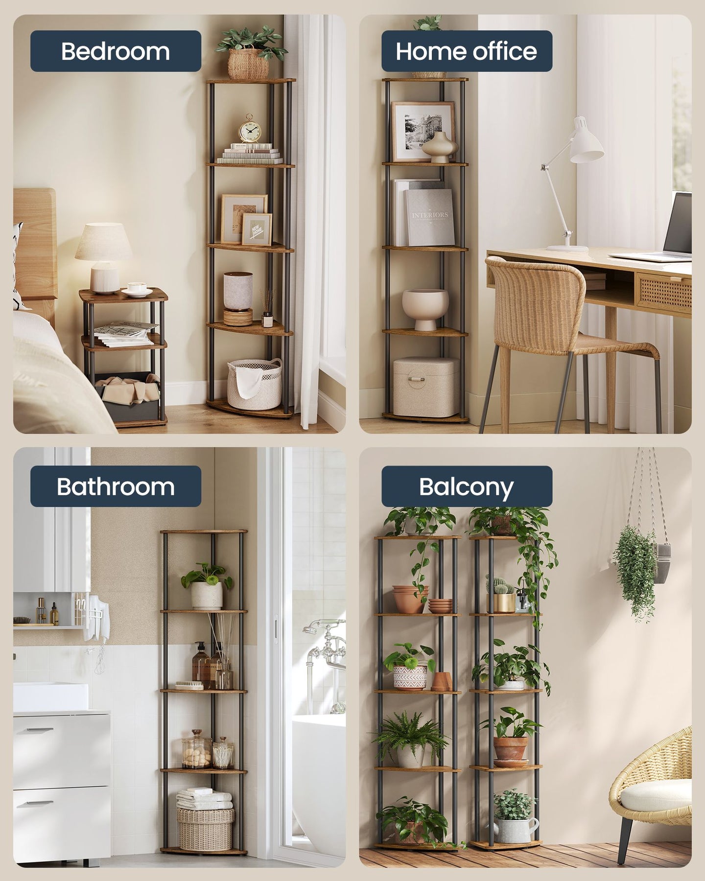5-Tier Corner Shelf - Wood - Rustic Brown - Toolless Assembly